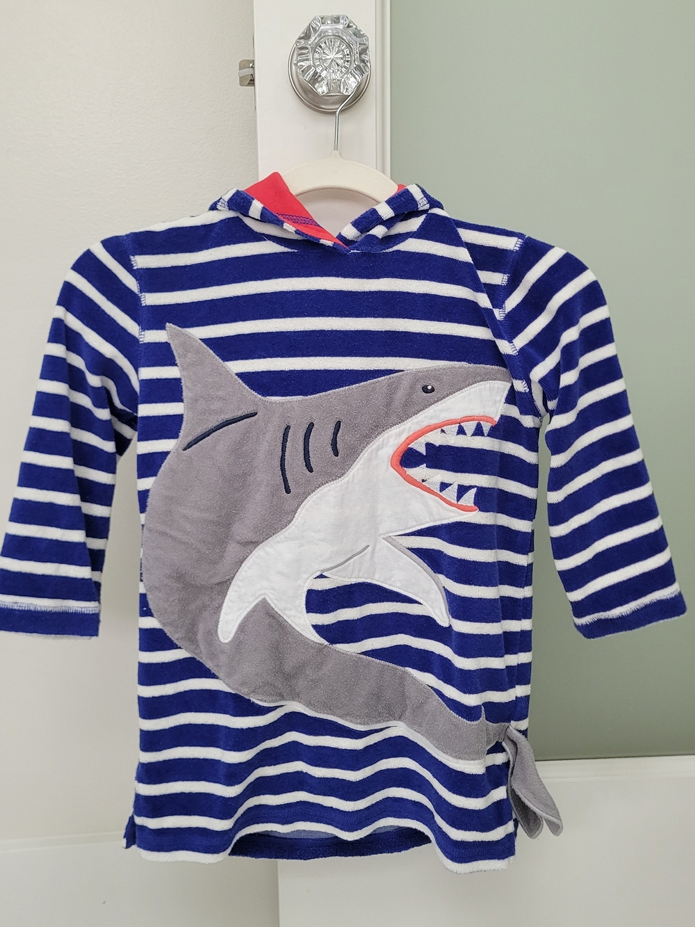 Mini Boden Blue & White Striped Shark Hooded Swim Coverup